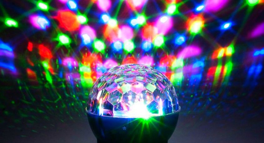 Светодиодный диско-шар с динамиками и MP3 плеером, вращающаяся лампа и новогодние гирлянды со скидкой 50%!